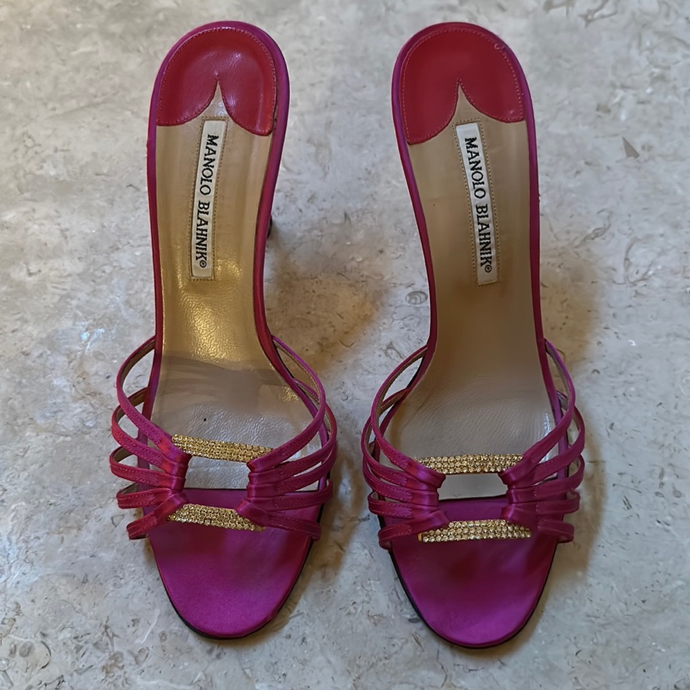 Hot Pink Manolo Blahnik slides with rhinestone embellishment